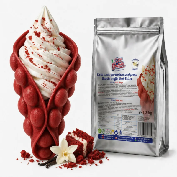 PreMix pentru Bubble Waffle Red Velvet Don Gelato, cu vafă roșie gata preparată, înghețată și ambalaj profesional