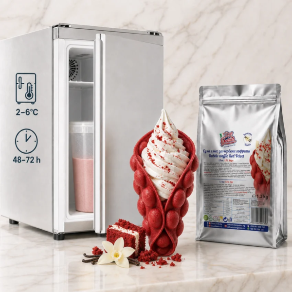 PreMix pentru Bubble Waffle Red Velvet Don Gelato, cu mix pregătit pentru păstrare la 2–6°C