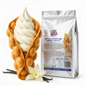PreMix pentru Bubble Waffle cu vanilie Don Gelato, cu vafă gata preparată, înghețată și ambalaj argintiu