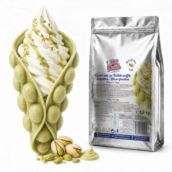 PreMix pentru Bubble Waffle verzi cu fistic Don Gelato, cu vafă verde gata preparată, înghețată și ambalaj profesional