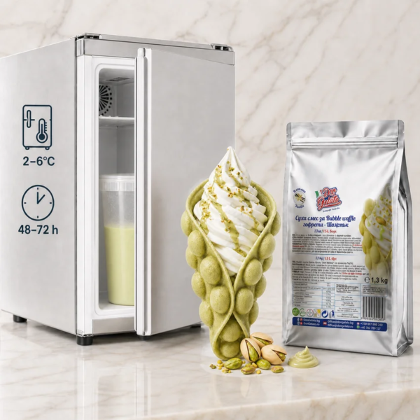PreMix pentru Bubble Waffle verzi cu fistic Don Gelato, cu mix pregătit pentru păstrare la 2–6°C