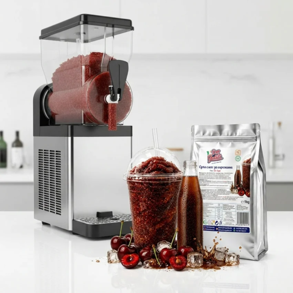 Preparare granită Cherry Cola la mașină într-un pahar transparent pentru servire