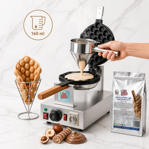 Preparare Bubble Waffle cu cremă de alune Don Gelato, cu dozare de 160 ml mix într-o mașină profesională