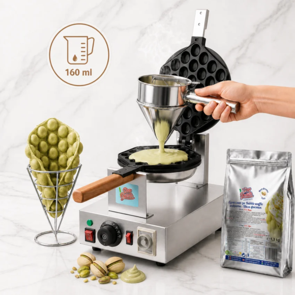 Preparare Bubble Waffle verzi cu fistic Don Gelato, cu dozare de 160 ml mix într-o mașină profesională